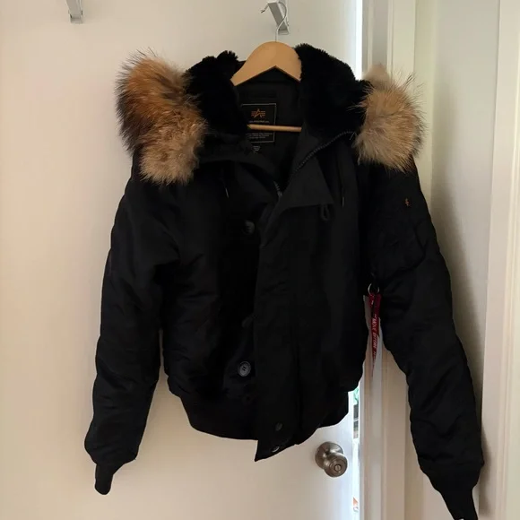 Alpha Industries Black Bomber Jacket N-2B with Fur Trim - Picture 4 of 8